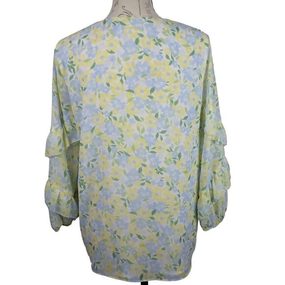 Calvin Klein | Floral V Neck Ruffled Sleeves Chiffon Blouse Yellow Blue | Size S - Picture 6 of 10